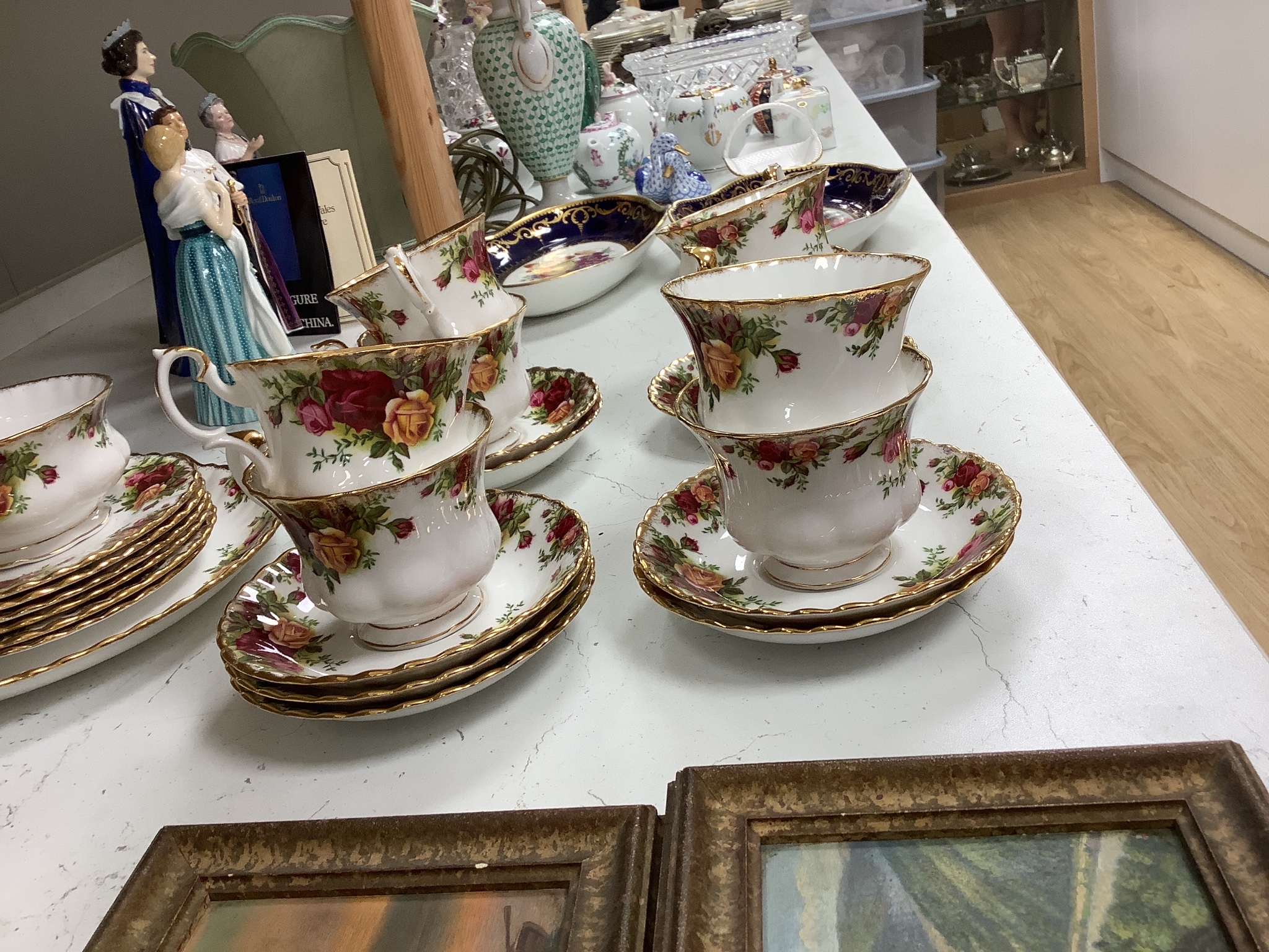 A Wemyss Apple blossom preserve jar and cover, a similar cabbage roses vase and a quantity of Royal Albert Old Country Roses